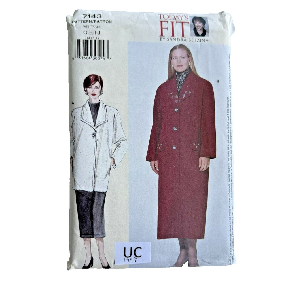 Vtg Vogue 7143 Sewing Pattern Coat Jacket PLUS Sz G-J (46-55) Todays Fit Betzina